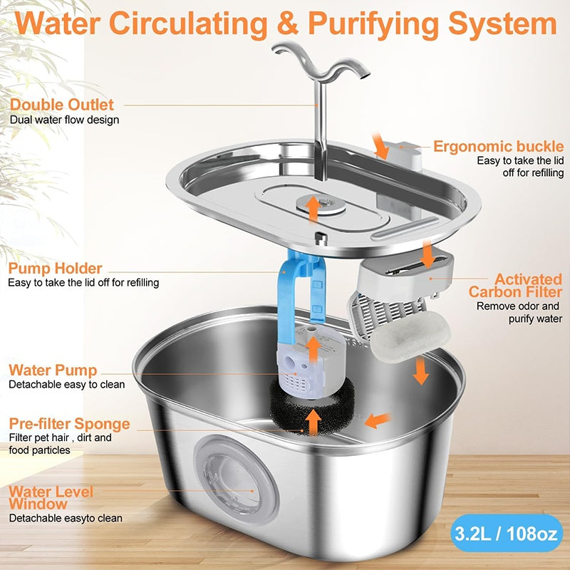 HKM-9405501 Stainless Steel 3.2L Automatic Pet Water Fountain with Dual Outlets and 4 Filters
