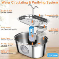HKM-9405501 Stainless Steel 3.2L Automatic Pet Water Fountain with Dual Outlets and 4 Filters