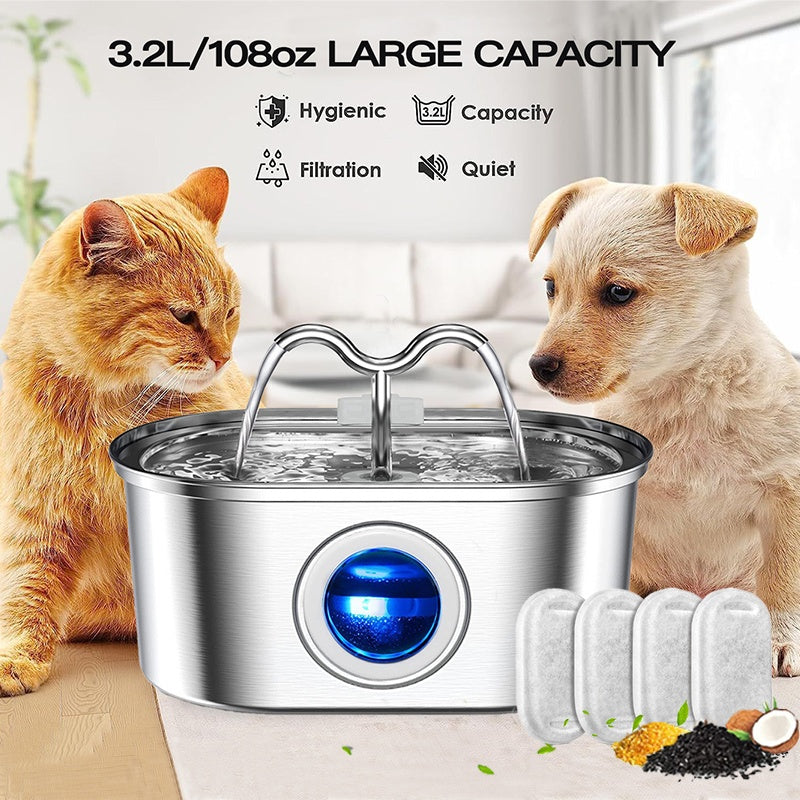 HKM-9405501 Stainless Steel 3.2L Automatic Pet Water Fountain with Dual Outlets and 4 Filters