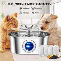 HKM-9405501 Stainless Steel 3.2L Automatic Pet Water Fountain with Dual Outlets and 4 Filters
