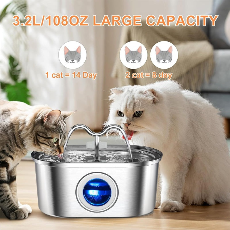 HKM-9405501 Stainless Steel 3.2L Automatic Pet Water Fountain with Dual Outlets and 4 Filters