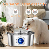 HKM-9405501 Stainless Steel 3.2L Automatic Pet Water Fountain with Dual Outlets and 4 Filters