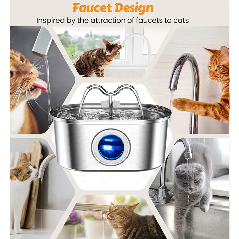 HKM-9405501 Stainless Steel 3.2L Automatic Pet Water Fountain with Dual Outlets and 4 Filters