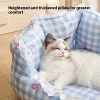 HKM-9406269 Semi-Enclosed Pet Bed for Small Dogs in Blue Plaid and Brown ¨C All Seasons Available, Multiple Sizes