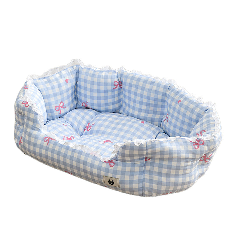 HKM-9406269 Semi-Enclosed Pet Bed for Small Dogs in Blue Plaid and Brown ¨C All Seasons Available, Multiple Sizes