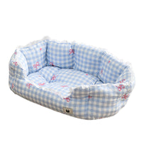 HKM-9406269 Semi-Enclosed Pet Bed for Small Dogs in Blue Plaid and Brown ¨C All Seasons Available, Multiple Sizes