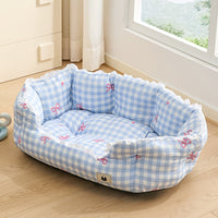 HKM-9406269 Semi-Enclosed Pet Bed for Small Dogs in Blue Plaid and Brown ¨C All Seasons Available, Multiple Sizes