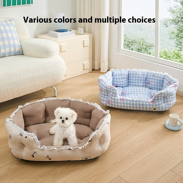 HKM-9406269 Semi-Enclosed Pet Bed for Small Dogs in Blue Plaid and Brown ¨C All Seasons Available, Multiple Sizes