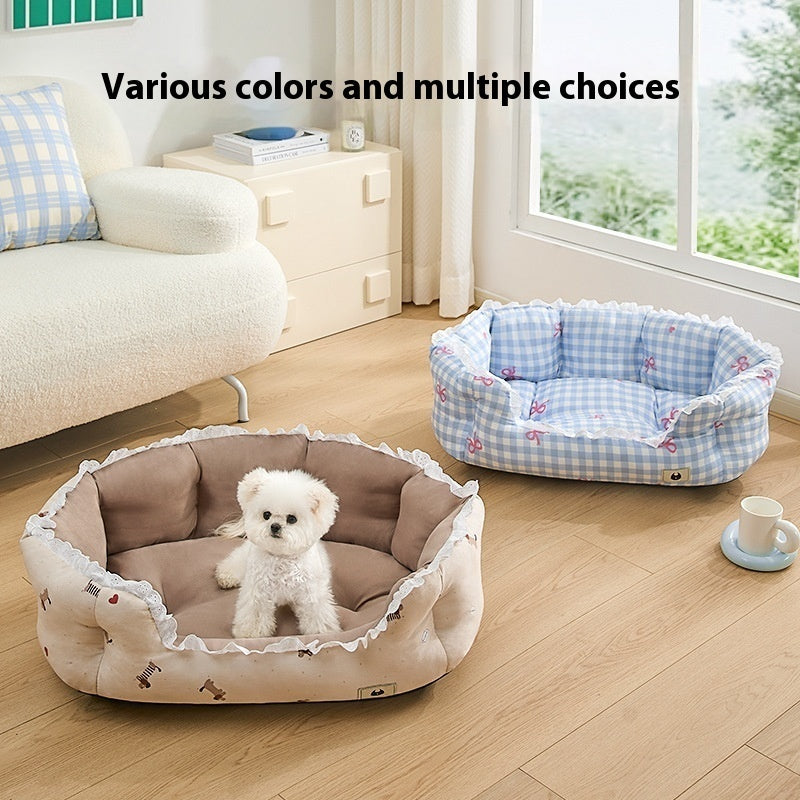 HKM-9406269 Semi-Enclosed Pet Bed for Small Dogs in Blue Plaid and Brown ¨C All Seasons Available, Multiple Sizes