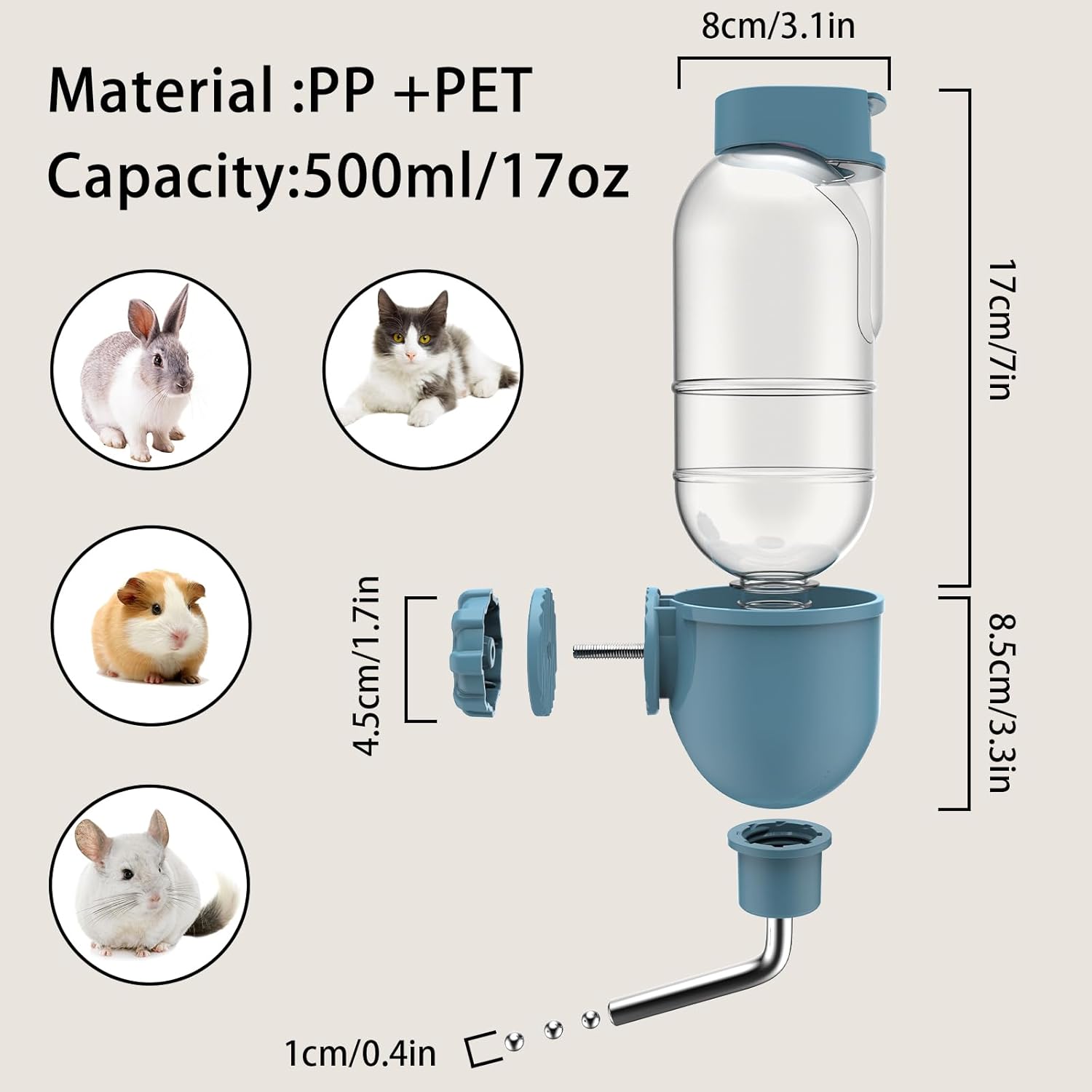 HKM-9406909 360° Rotatable Pet Water Bottle for Small Animals - Ideal for Rabbits, Guinea Pigs, Ferrets, and More