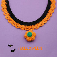 HKM-9407421 Hand Crocheted Adjustable Pet Collar for Halloween - Silent & Bell Pumpkin Designs