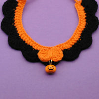 HKM-9407421 Hand Crocheted Adjustable Pet Collar for Halloween - Silent & Bell Pumpkin Designs