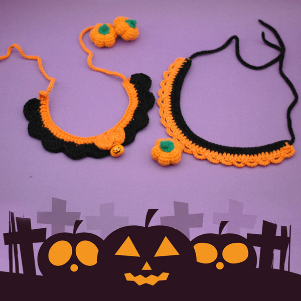HKM-9407421 Hand Crocheted Adjustable Pet Collar for Halloween - Silent & Bell Pumpkin Designs