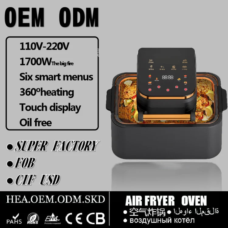 HKM-940755 12L Visual Air Fryer with Flip-Free Design, Multi-Function Deep Frying Pan, Electric Oven, Stainless Steel, 1700W