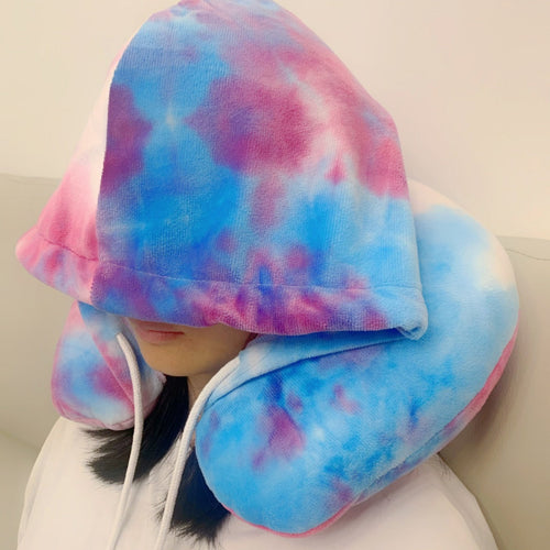 HKM-940819 Hooded U-Shape Nap Pillow with Headband Cap - Modern Tie-Dyed Design
