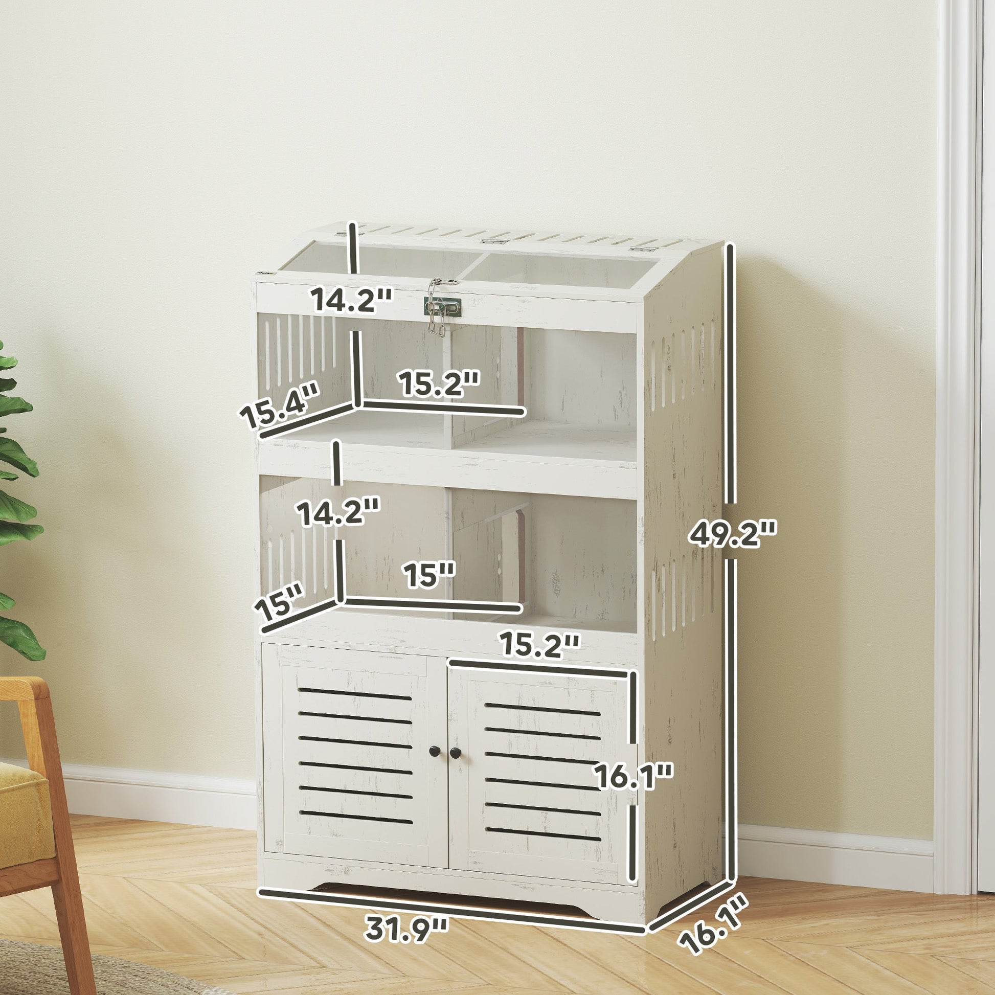 HKM-9409085 Spacious Multi-Level Hamster Cage with Storage Cabinet, Clear Panels, Cream White Finish