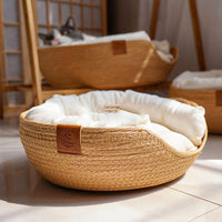 HKM-9409469 Rattan Cat Bed with Removable Pads - Stylish Hanging Basket for Cats of All Sizes