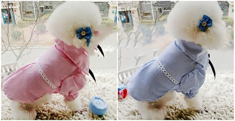 HKM-9409597 Stylish Bubble Sleeve Bow Tie Pet Shirt for Dogs in Red and Blue Stripes