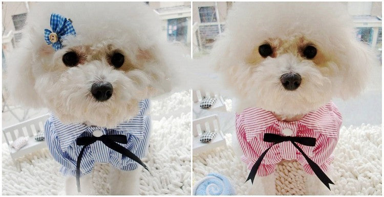 HKM-9409597 Stylish Bubble Sleeve Bow Tie Pet Shirt for Dogs in Red and Blue Stripes