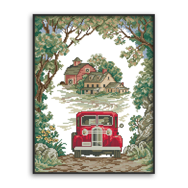 HKM-941011 Forest Path Car Cross Stitch Kit - Eco Cotton, 14ct (30x38cm) & 11ct (39x48cm) Options Available