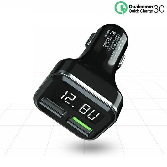 HKM-941203 Dual Port Car Charger with Display, Supports Quick Charge, Intelligent Voltage and Current Measurement, Black