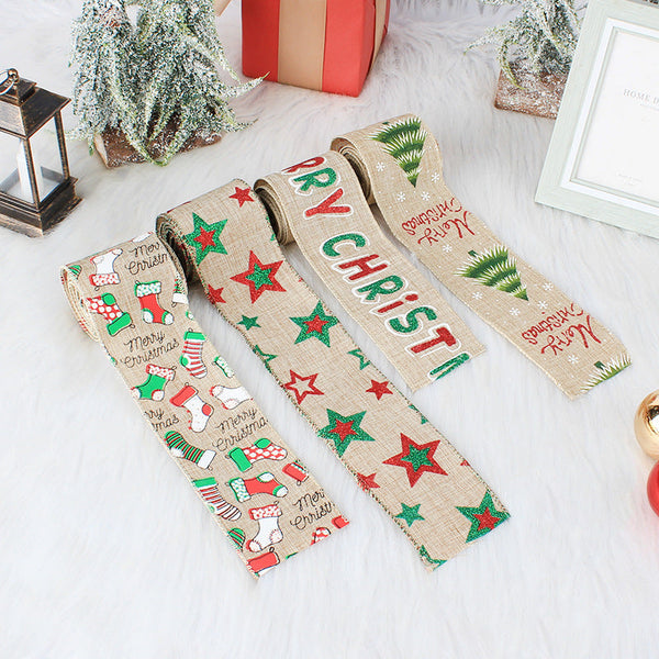HKM-941459 Linen Christmas Ribbon with Wire Edge - Letter, Small Tree, Socks & Five-Star Styles, 200x6cm