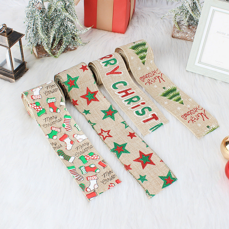 HKM-941459 Linen Christmas Ribbon with Wire Edge - Letter, Small Tree, Socks & Five-Star Styles, 200x6cm