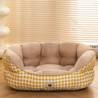 HKM-9415229 Warm Removable and Washable Dog Sofa in Gray Floral, Yellow Forest, and Cream Plaid Options