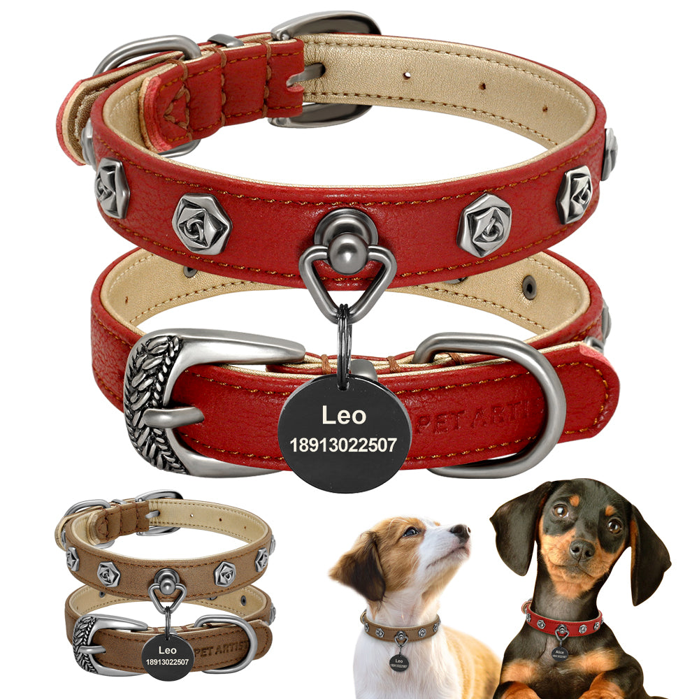 HKM-9417021 Elegant Leather Dog Collar with Custom Rose Nail Design for Small and Medium Breeds