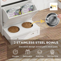 HKM-9417149 Pet Feeder Station with Storage Cabinet and Removable Bowls in White and Brown