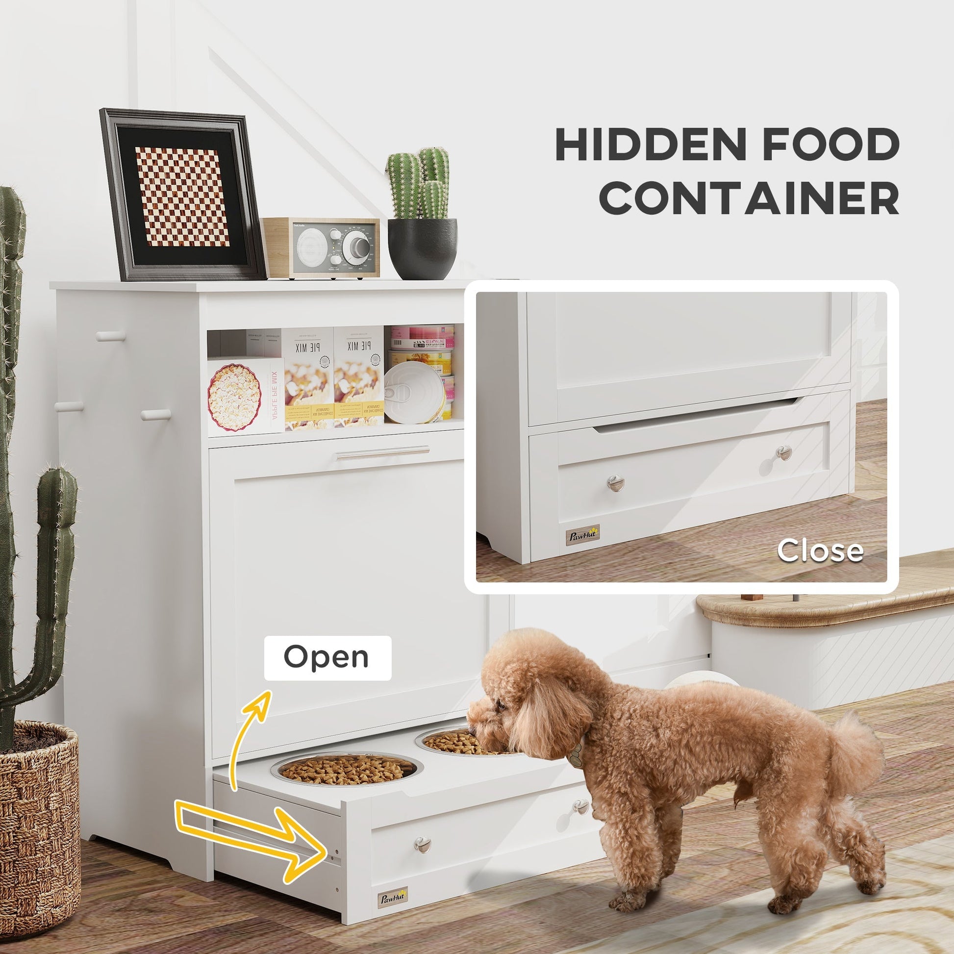 HKM-9417149 Pet Feeder Station with Storage Cabinet and Removable Bowls in White and Brown