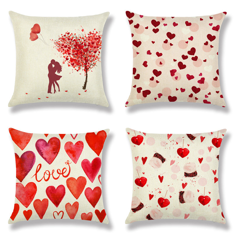 HKM-941715 Valentine's Day Heart-Shaped Linen Cushion Cover for Couples – 45x45cm