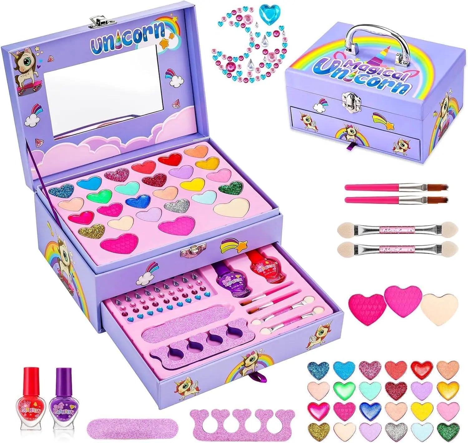 HKM-941843 2 Layers Girls Makeup Kit with Cosmetic Tools, Nail Polish, and Eye Shadow in Purple Case