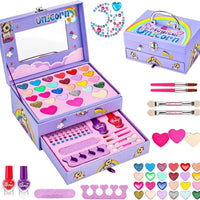 HKM-941843 2 Layers Girls Makeup Kit with Cosmetic Tools, Nail Polish, and Eye Shadow in Purple Case