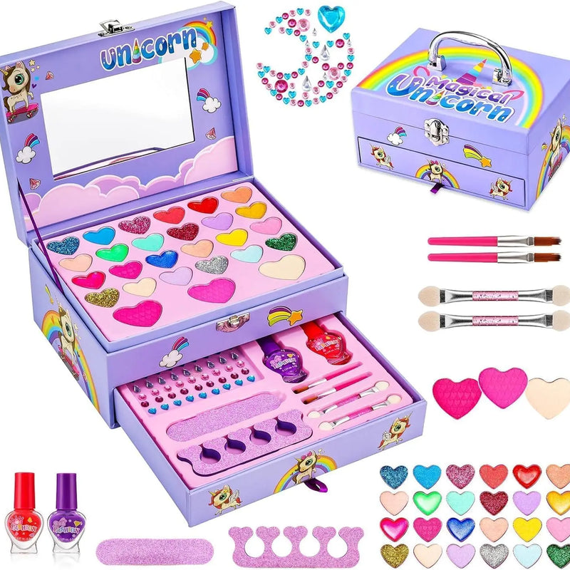 HKM-941843 2 Layers Girls Makeup Kit with Cosmetic Tools, Nail Polish, and Eye Shadow in Purple Case