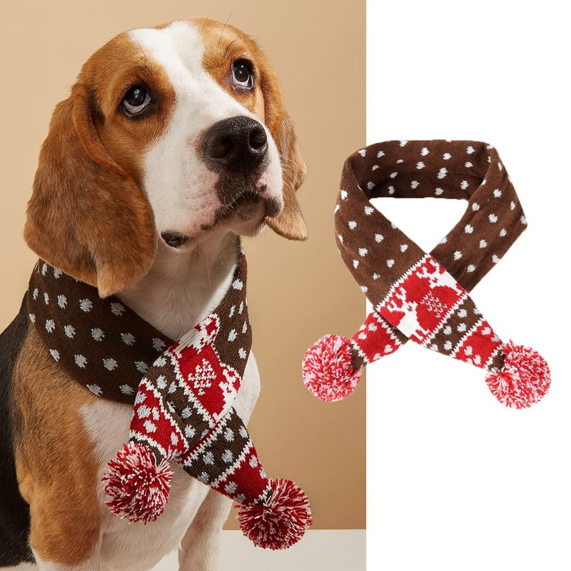 HKM-9418557 Cozy Red and Gray Christmas Pet Scarf with Stripes and Snowflake Fur Ball