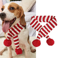 HKM-9418557 Cozy Red and Gray Christmas Pet Scarf with Stripes and Snowflake Fur Ball