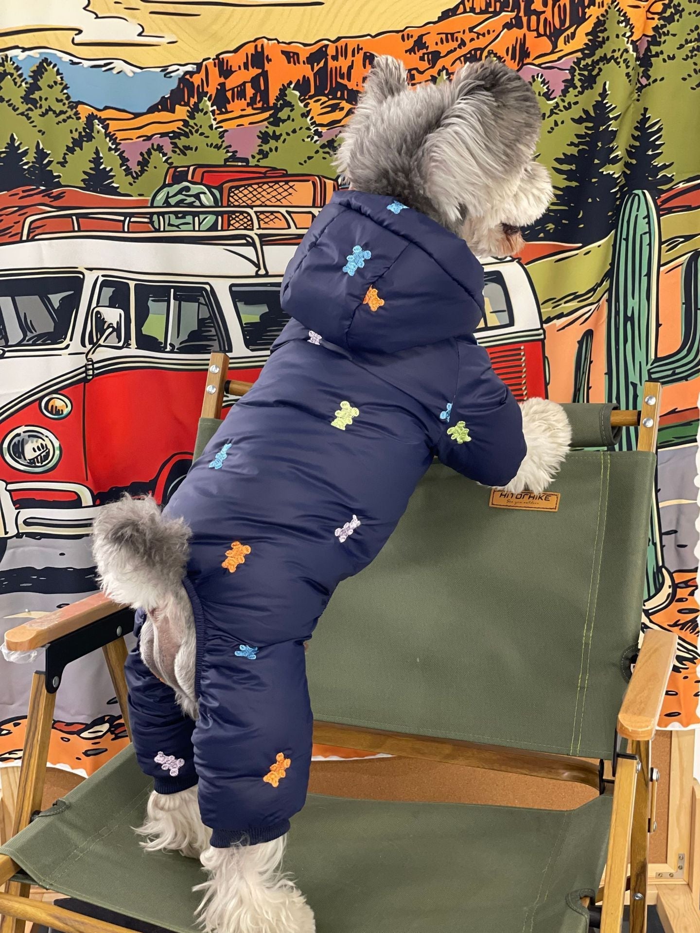 HKM-9421501 Thickened Warm Hooded Jacket for Dogs - Casual Four Feet Design in Beige and Navy Blue