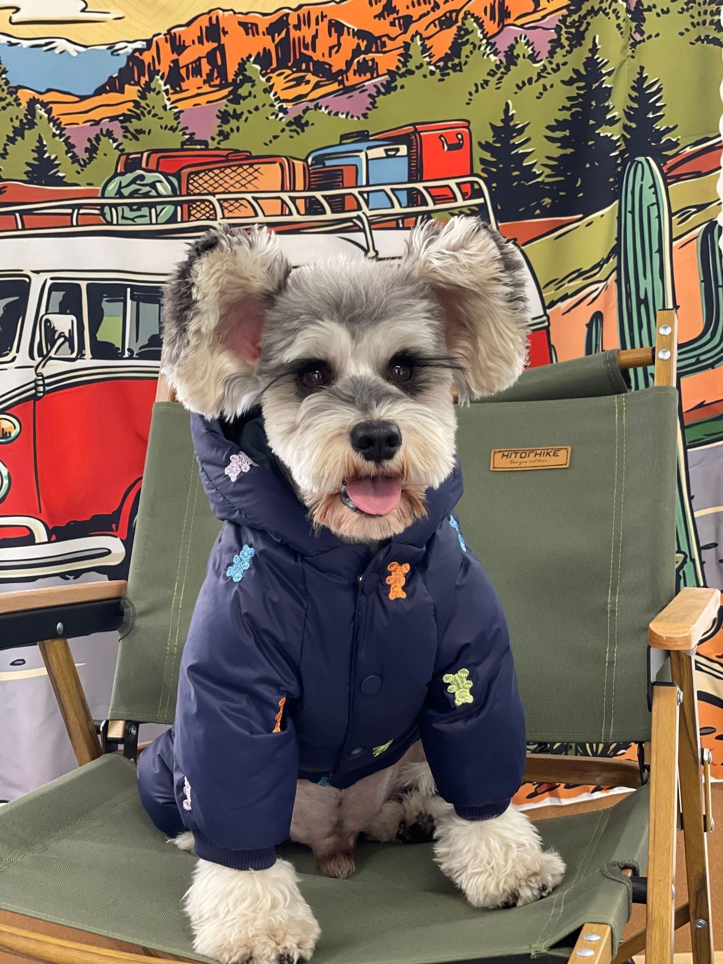 HKM-9421501 Thickened Warm Hooded Jacket for Dogs - Casual Four Feet Design in Beige and Navy Blue