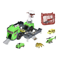 HKM-942419 Dinosaur Transport Carrier Parking Lot Toy Set for Kids, Green Deformed Truck and Garage Vehicles, Ages 3+