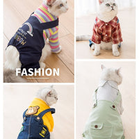 HKM-9425085 Cozy Ribbed Knitted Denim Overall for Cats - Cute Autumn and Winter Wear