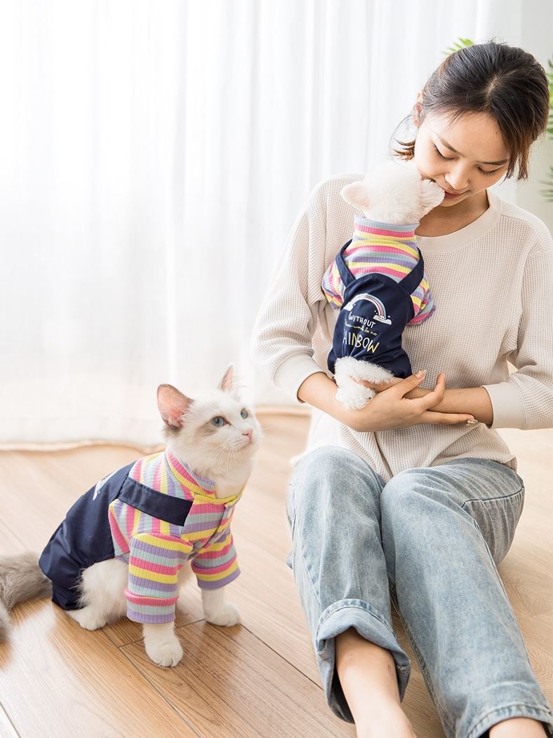 HKM-9425085 Cozy Ribbed Knitted Denim Overall for Cats - Cute Autumn and Winter Wear