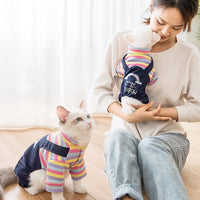 HKM-9425085 Cozy Ribbed Knitted Denim Overall for Cats - Cute Autumn and Winter Wear