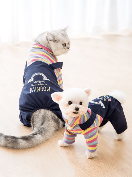 HKM-9425085 Cozy Ribbed Knitted Denim Overall for Cats - Cute Autumn and Winter Wear