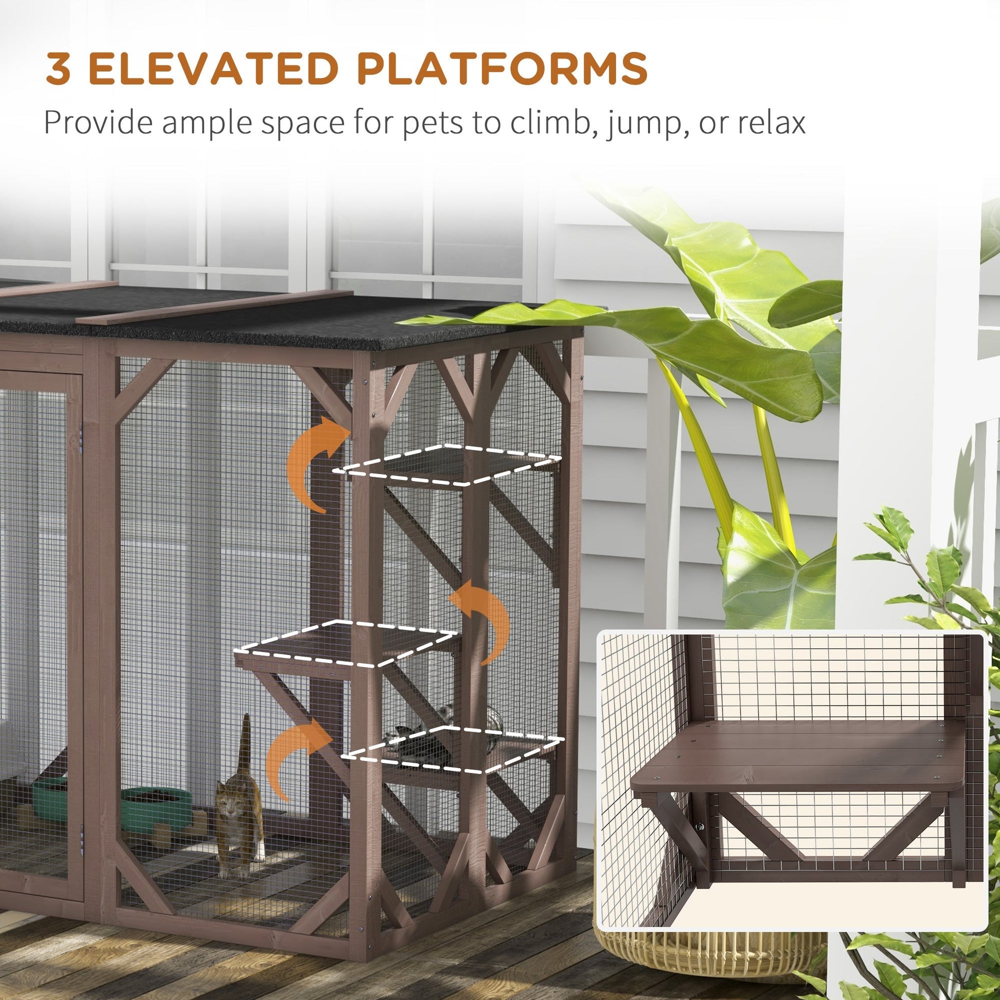 HKM-9426749 Wooden Cat House with Waterproof Asphalt Roof, Large Outdoor Catio for Feral Cats, Multi-Tiered Platforms