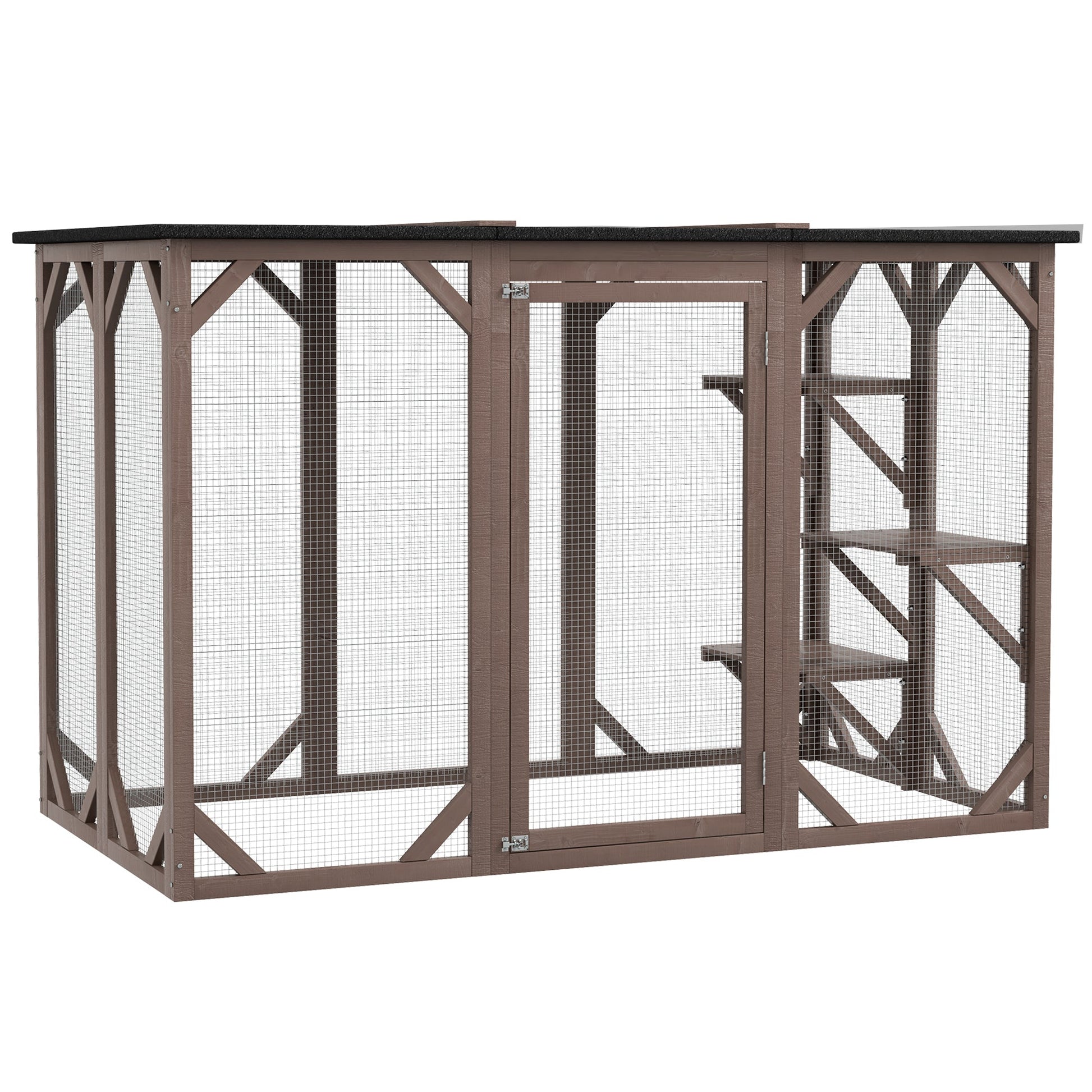HKM-9426749 Wooden Cat House with Waterproof Asphalt Roof, Large Outdoor Catio for Feral Cats, Multi-Tiered Platforms