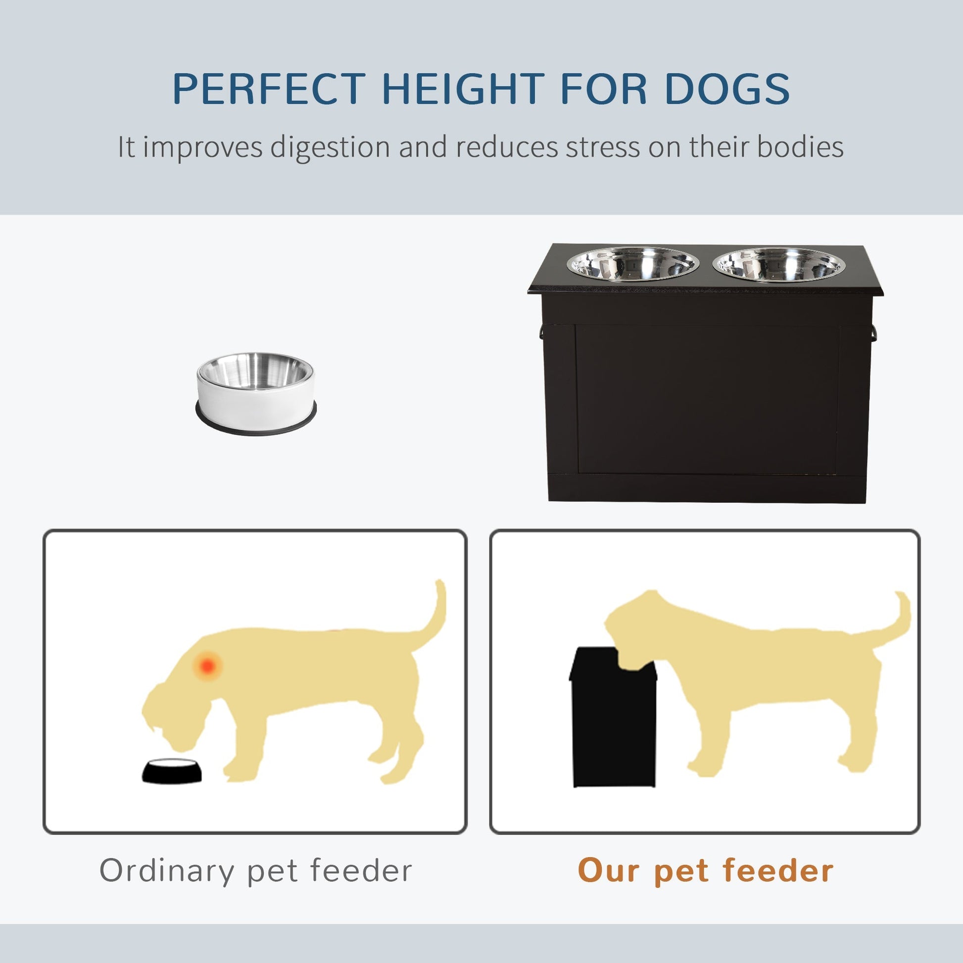 HKM-9426877 Raised Pet Feeding Station with Storage and 2 Stainless Steel Bowls for Large Dogs - Coffee Finish