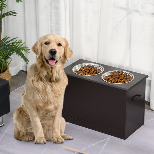 HKM-9426877 Raised Pet Feeding Station with Storage and 2 Stainless Steel Bowls for Large Dogs - Coffee Finish