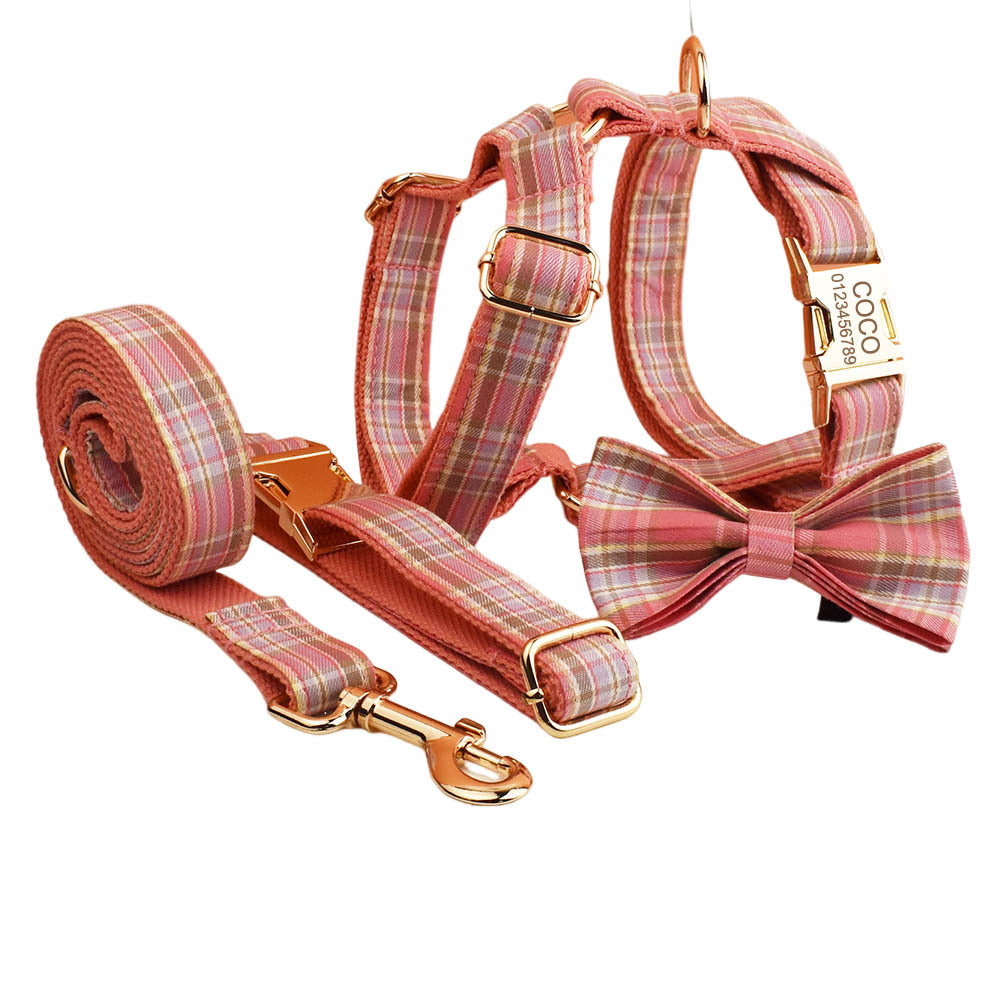 HKM-9428157 Plaid Pet Collar and Leash Set with Bow - Four-Piece Accessory Bundle for Dogs