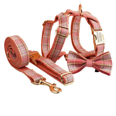 HKM-9428157 Plaid Pet Collar and Leash Set with Bow - Four-Piece Accessory Bundle for Dogs